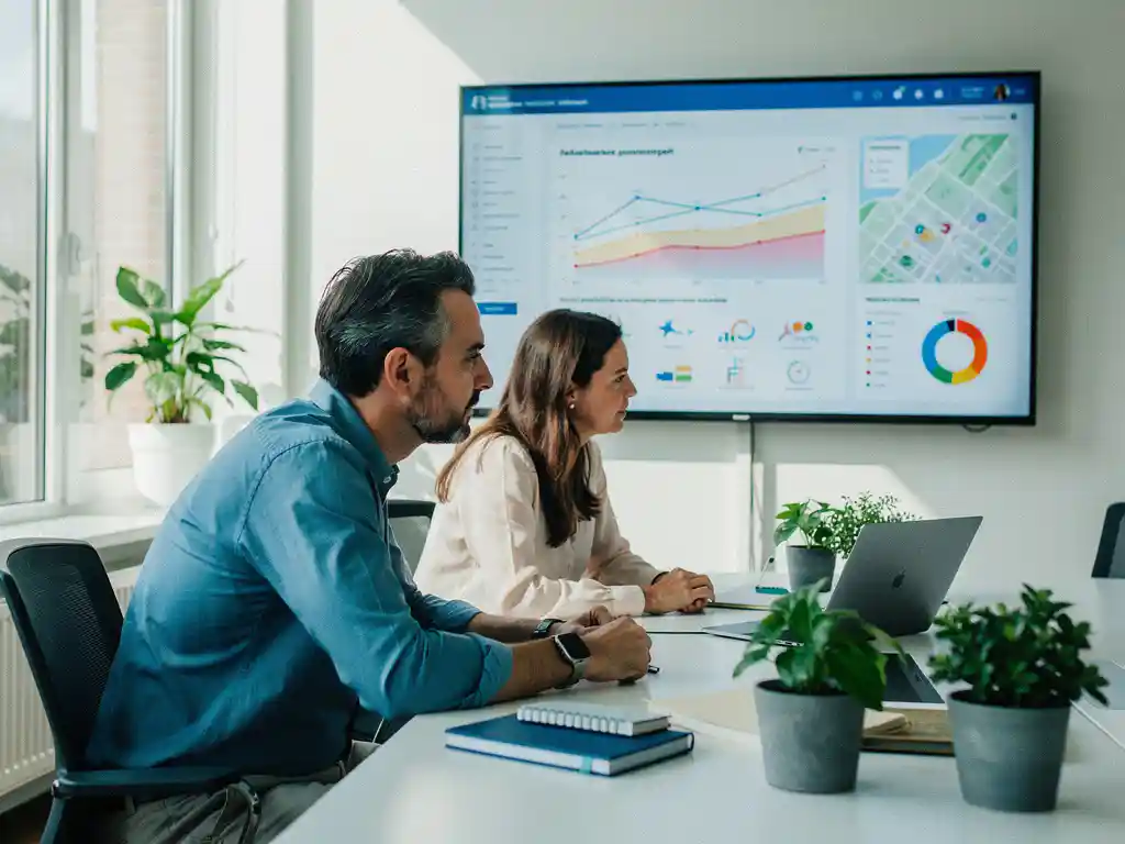 Beleidsmedewerker en data-specialist analyseren sociaal domein dashboard met wijkkaarten en welzijnsindicatoren op groot touchscreen in modern gemeentekantoor.