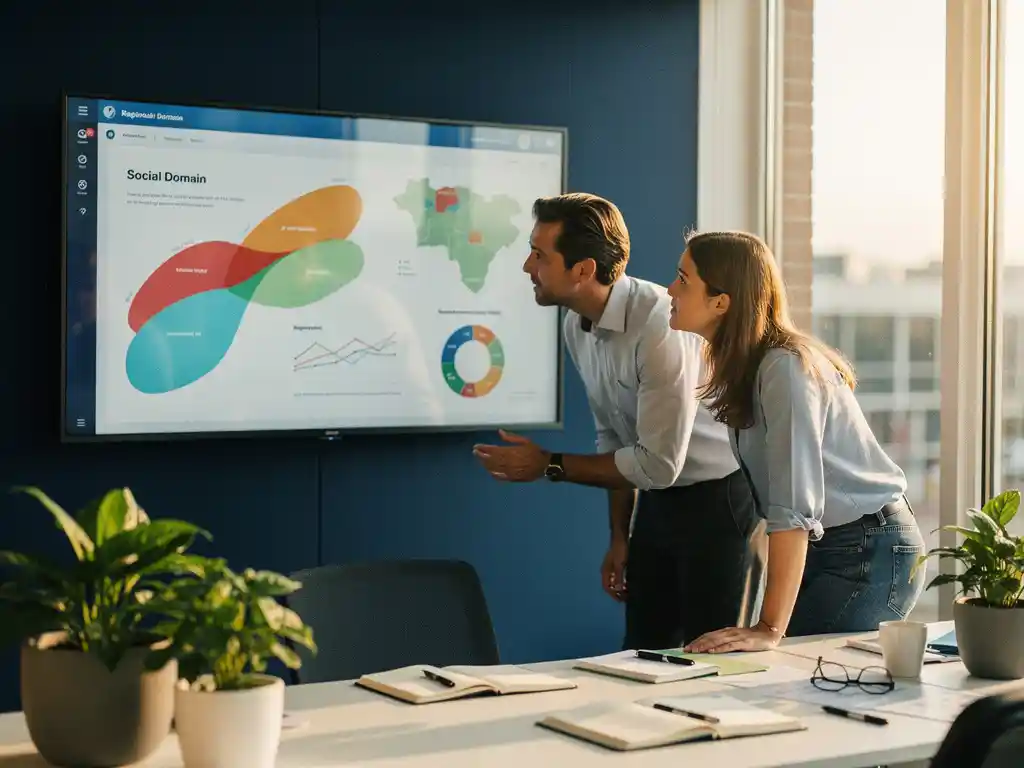 Twee professionals bekijken een groot touchscreen-dashboard met trendlijnen en regionale kaarten in een modern Nederlands kantoor met daglicht.