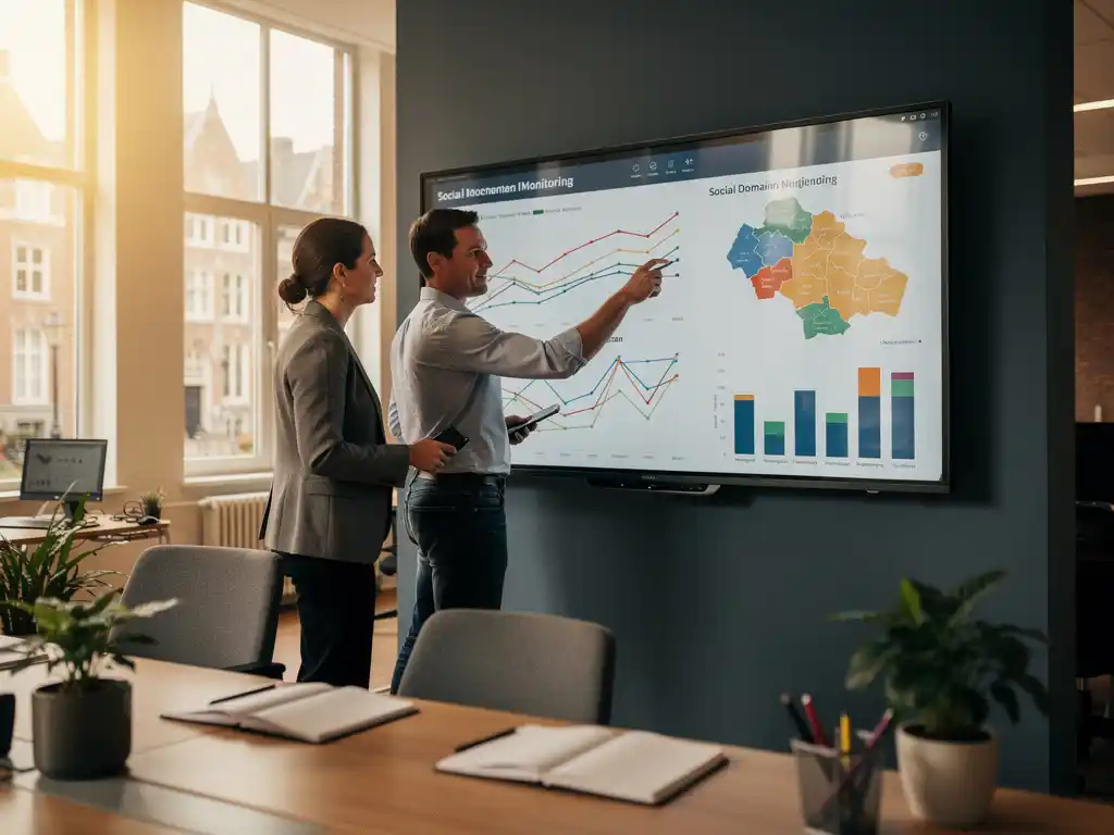 Gemeenteambtenaar en dataspecialist bekijken sociaal domein dashboard met grafieken en regionale kaarten op touchscreen in modern Nederlands kantoor.