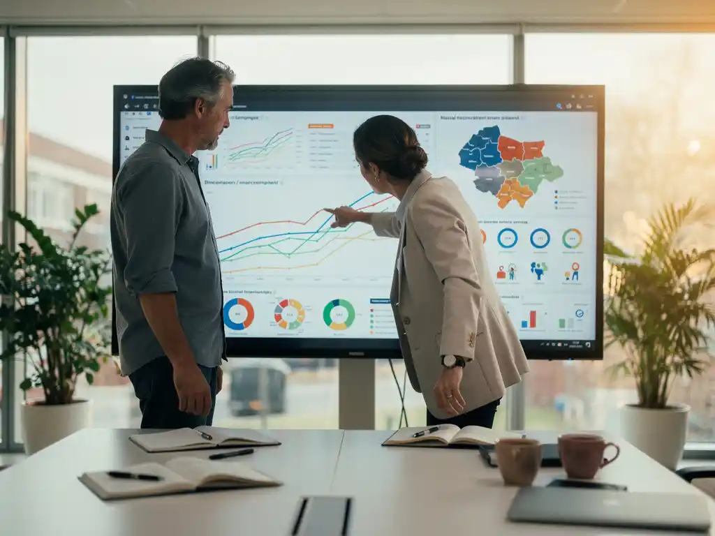 Twee professionals analyseren een touchscreendashboard met trendlijnen en regionale kaarten in een modern Nederlands kantoor met daglicht.