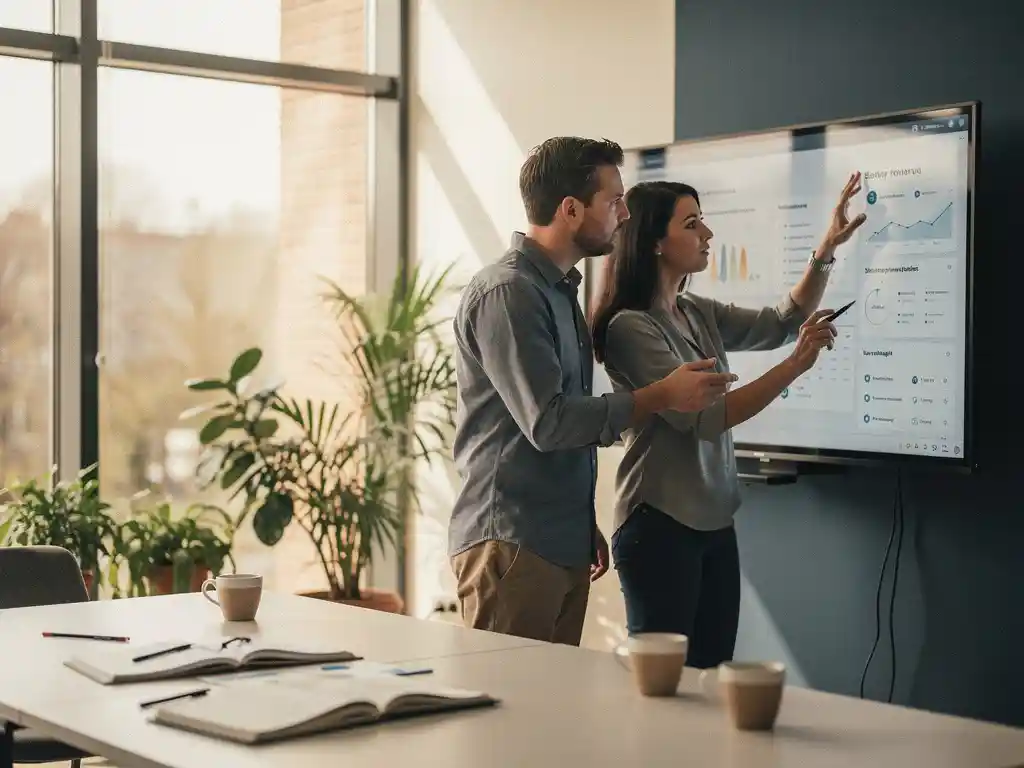 Data-specialist en beleidsmedewerker bekijken sociaal domein dashboards op een groot touchscreen in een licht modern Nederlands kantoor.