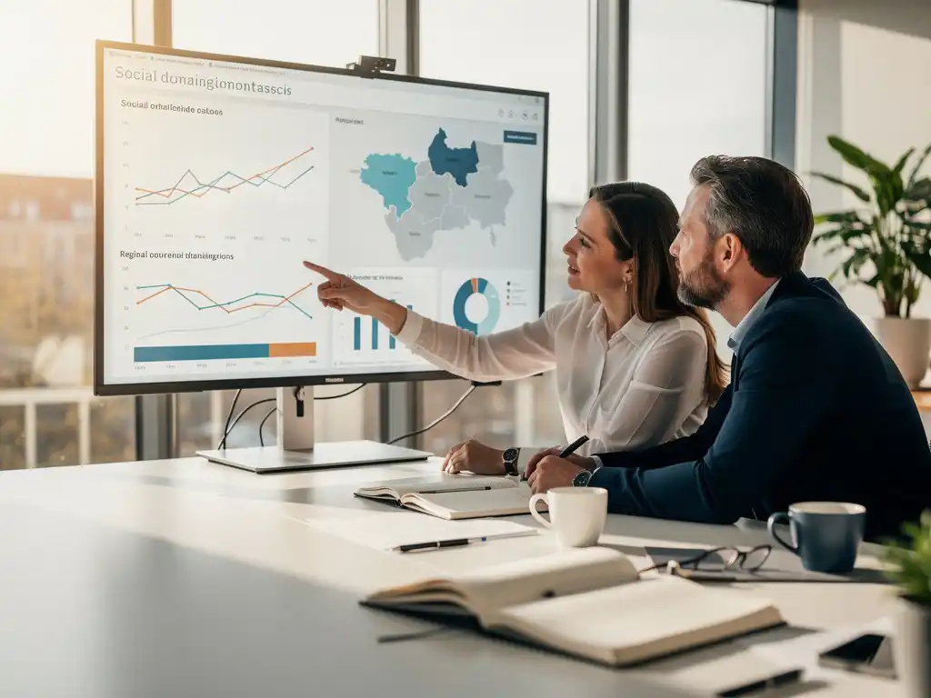 Twee professionals analyseren een touchscreen dashboard met trendlijnen en demografische kaarten in een modern Nederlands kantoor met daglicht.