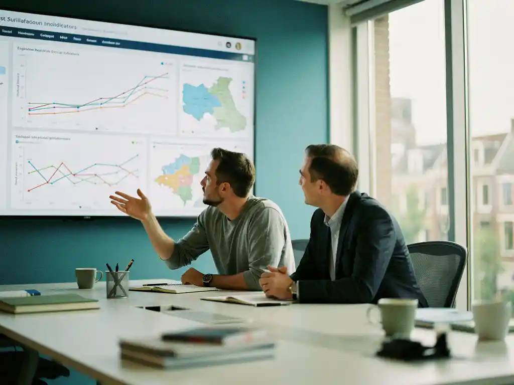 Twee professionals bekijken een groot dashboard met KPI-grafieken en regionale kaarten van sociaal domein indicatoren in een modern Nederlands kantoor.