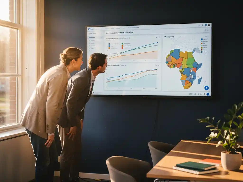 Beleidsmedewerker en data-specialist bekijken samen een touchscreen dashboard met KPI-grafieken en regionale kaarten in een modern Nederlands kantoor.