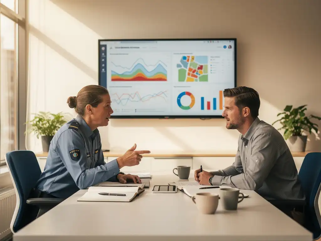 Beleidsmedewerker en dataspecialist analyseren sociaal domein dashboards op groot scherm in modern Nederlands gemeentekantoor.