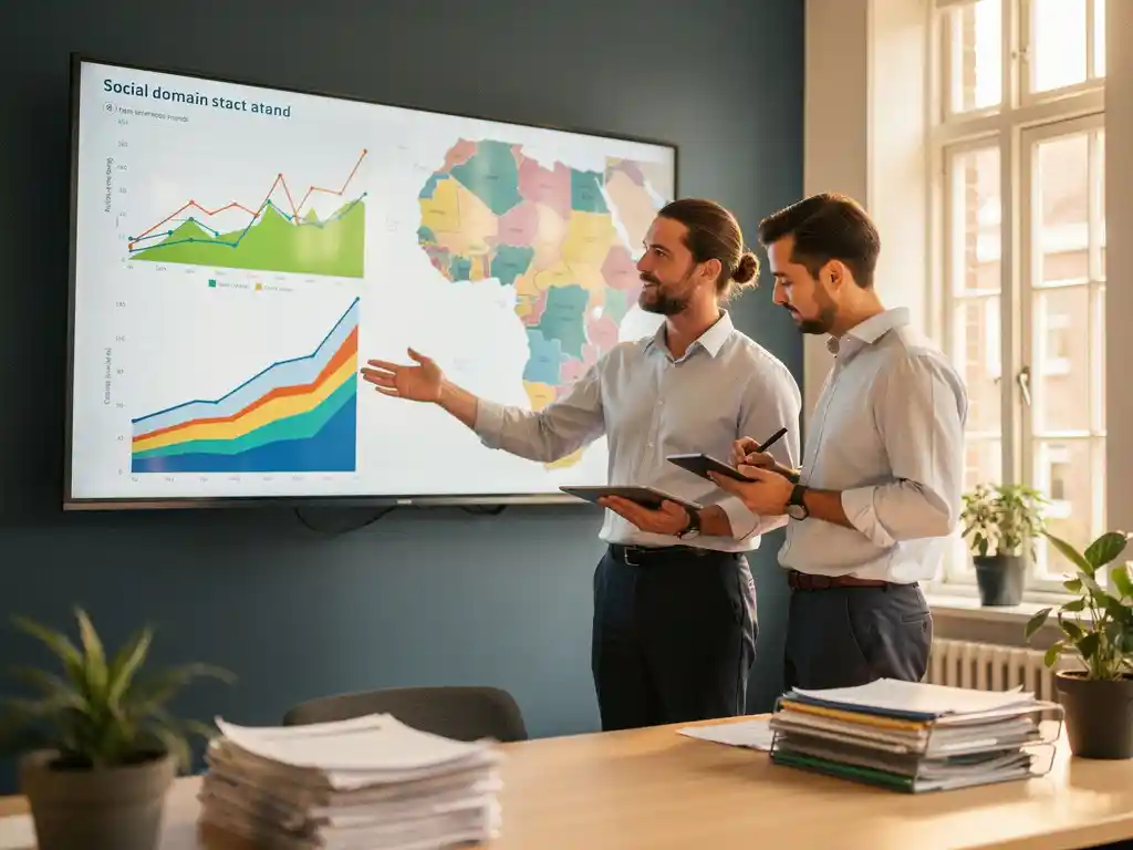 Beleidsmedewerker en dataspecialist analyseren sociaal domein trends op groot wandscherm in Nederlands gemeentekantoor.