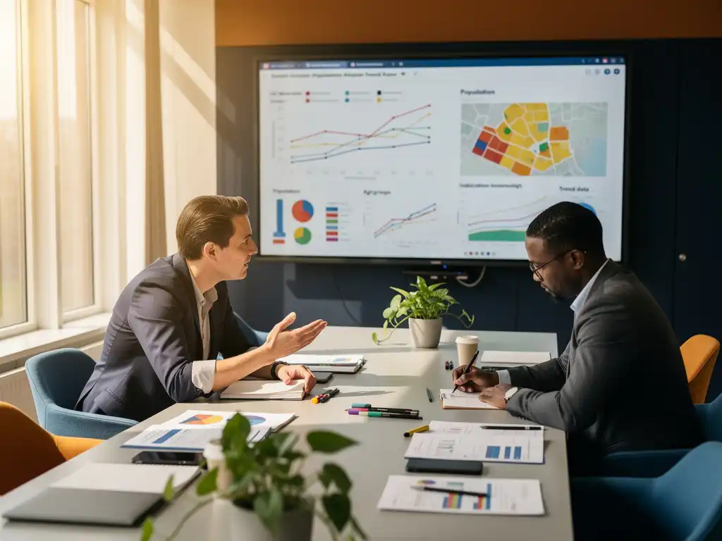 Beleidsmedewerker en dataspecialist analyseren sociale domein dashboards op groot scherm in Nederlands gemeentekantoor.