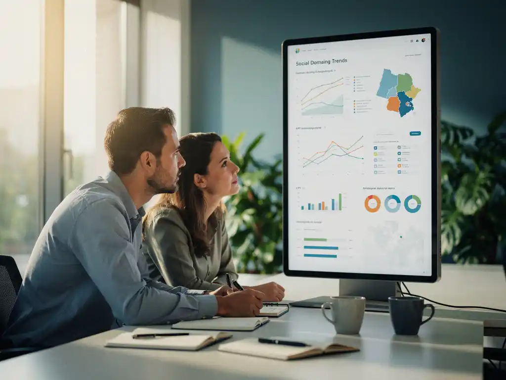 Dataspecia&shy;list en beleidsmedewerker bespreken KPI-dashboards en regionale kaarten op groot touchscreen in modern Nederlands kantoor.