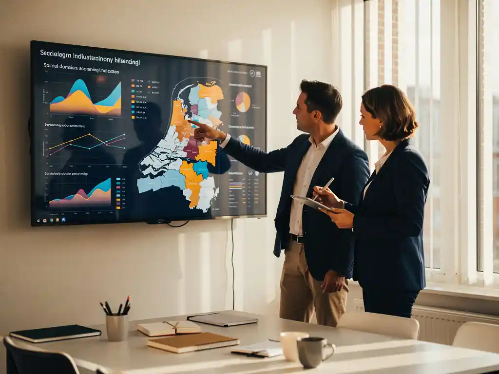 Twee professionals analyseren sociale domein indicatoren op een touchscreen met regionale kaarten in een modern Nederlands kantoor.