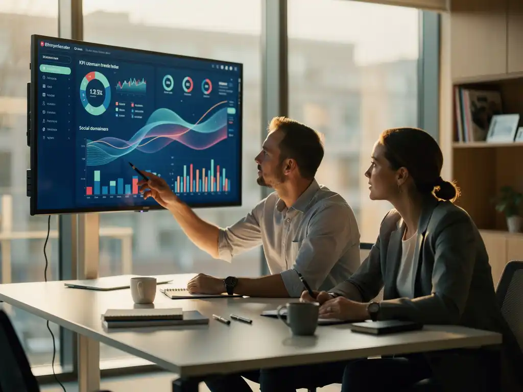 Twee professionals analyseren een KPI-dashboard op een groot touchscreen in een modern Nederlands kantoor met natuurlijk daglicht.