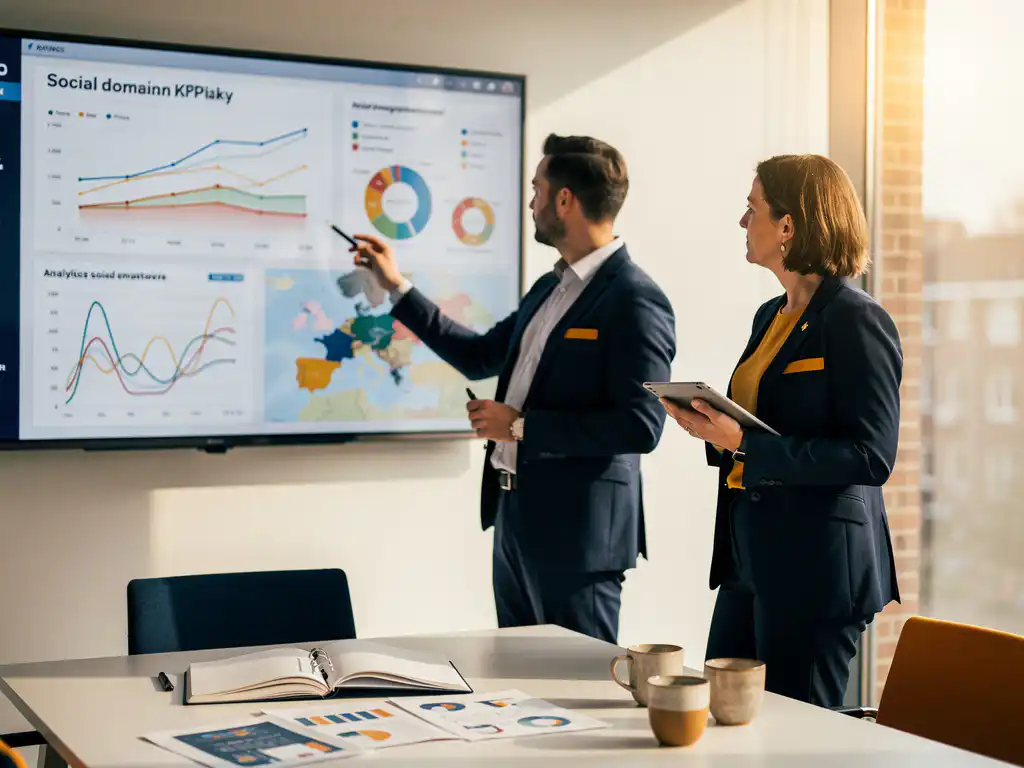 Gemeenteambtenaar en dataspecialist bespreken KPI-dashboard met trendgrafieken en regionale kaarten in modern Nederlands gemeentekantoor.