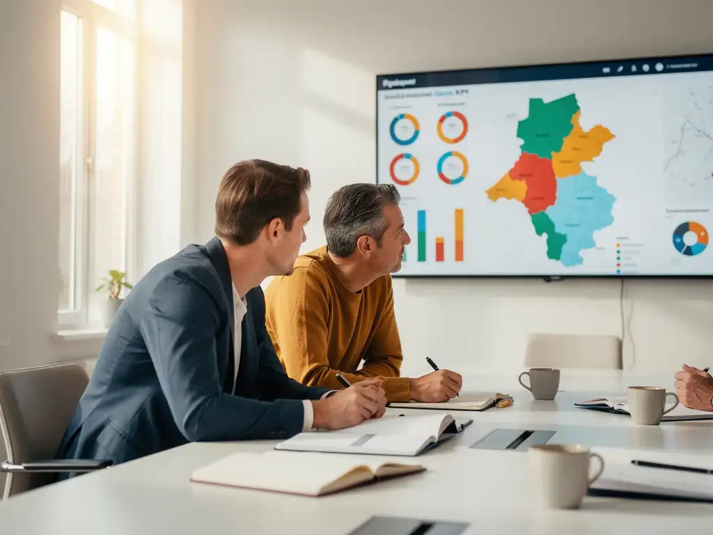 Beleidsmedewerker en dataspecialist bespreken sociaal domein KPI-dashboard met regionale kaarten in modern gemeentekantoor.