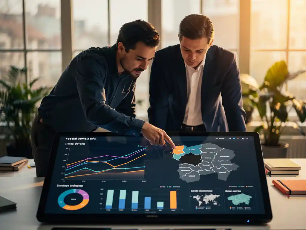 Beleidsmedewerker en data-specialist buigen over touchscreen-dashboard met KPI-grafieken en regionale kaarten, wijzend naar ontbrekende data in sociaal domein.
