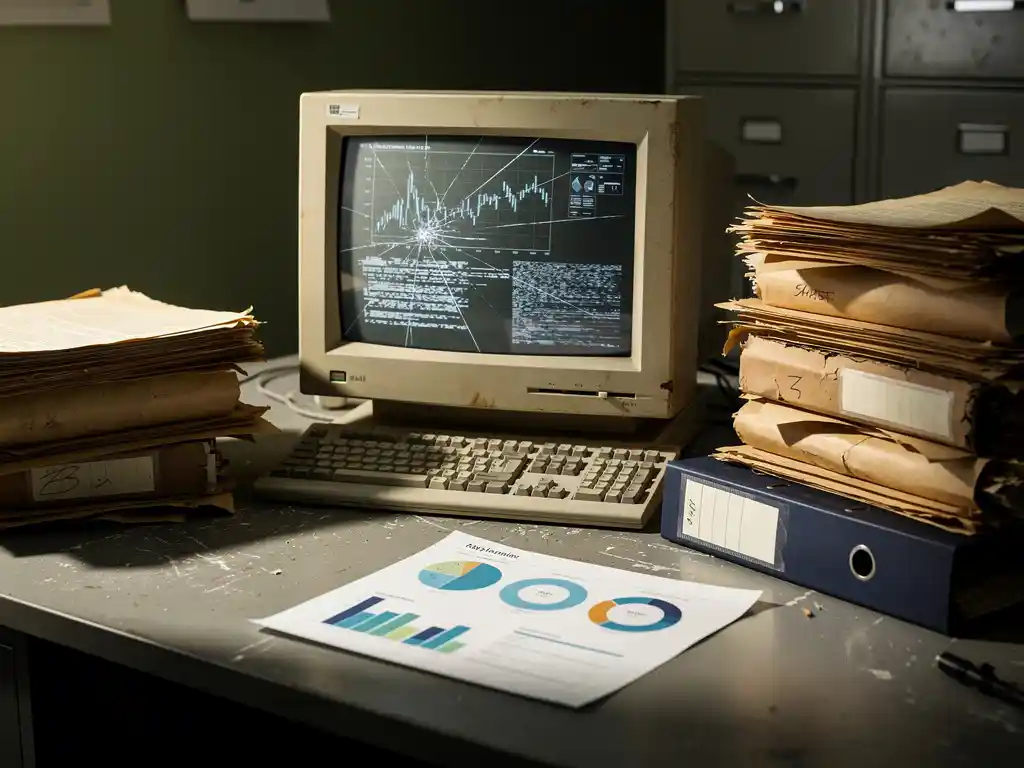 Verouderde desktopcomputer met gebarsten monitor vol foutmeldingen, omringd door vergaalde papieren rapporten op een rommelig overheidsbureau.
